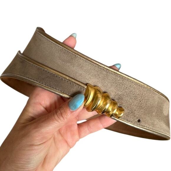 VTG Donna Karen Fashion Belt Suede Leather Gold Sculptural Buckle Italy Small